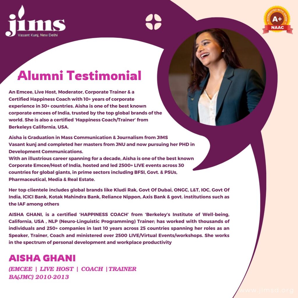 We are incredibly proud to spotlight Aisha Ghani, a distinguished alumnus of JIMS Vasant Kunj